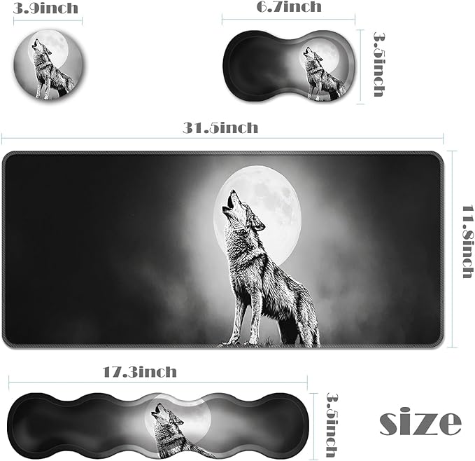 Ergonomic Keyboard Wrist Rest &amp Mouse Pad Wrist Rest SetXL Gaming Desk Mat 31.5x 11.8Non-Slip BaseMemory FoamEasy Typing Pain Relief for Office &amp HomeHowling Wolf in Moonlight