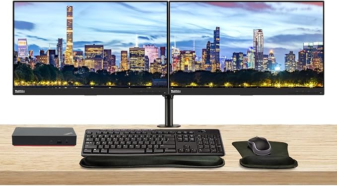 Lenovo ThinkVision T22i 22-inch 1920 x 1080 LED FHD LCD 2-Pack Bundle with HDMI DisplayPort USB Hub Dual Monitor Stand ThinkPad USB-C Dock MK270 Wireless Keyboard and Mouse and Wrist Pad