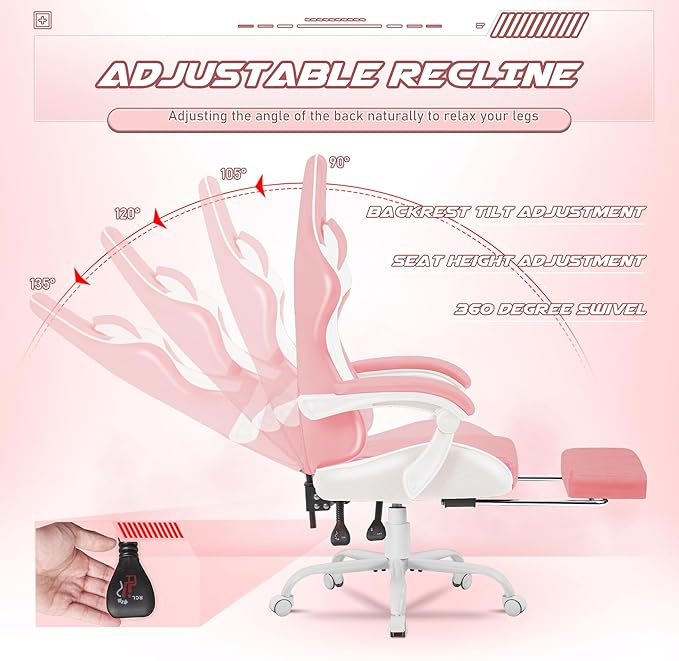 Homall Gaming Chair Computer Chair with Footrest and Massage Lumbar Support Ergonomic High Back Video Game Chair with Swivel Seat and Headrest (Pink)