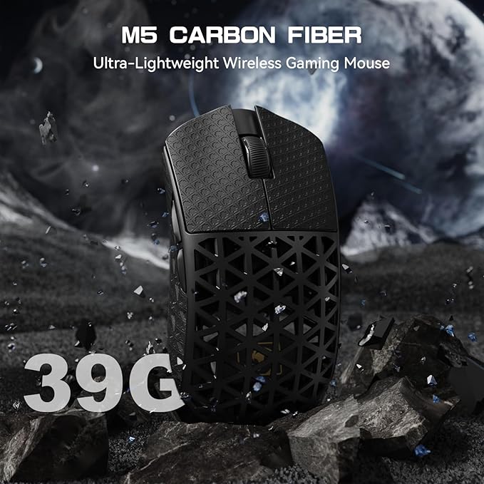 MAMBASNAKE M5 Ultra Carbon Fiber 8KHz Wireless Gaming MousePAW3950 Sensor 42K DPI39g Lightweight Tri-Mode 2.4GHz/BT/Wired Computer MiceWeb Driver Supportfor Win/Mac/FPS/MOBA/Esports-Black(B)