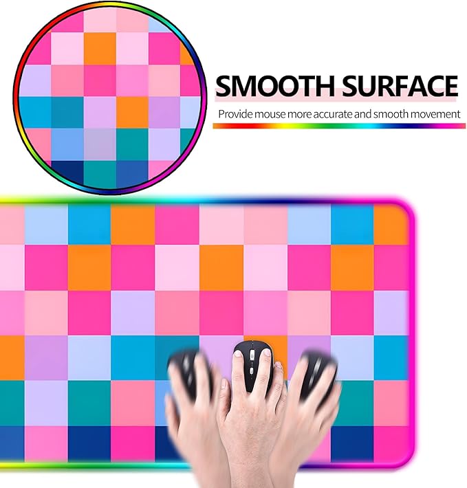 RGB Retro Coloful Checkered Gaming Desk Mat Computer Keyboard Large Extended Long LED Mouse Pad for Office and Home XL (W20)