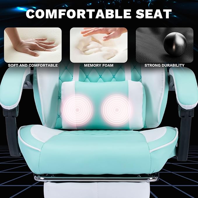 Ergonomic Gaming Chair Racing Style - High Back Gamer Chair with Footrest Adjustable Lumbar Massage Linkage Armrests &amp 90-135° Recline - Leather Computer Game Chair for Adults Green