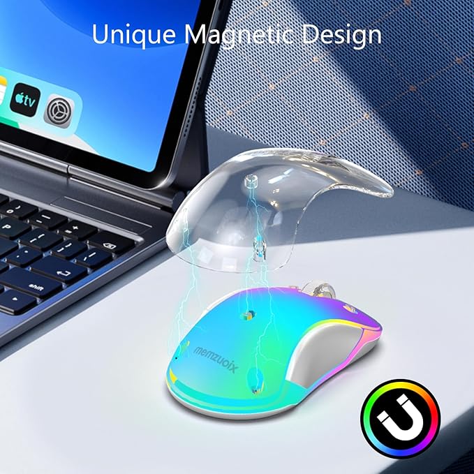 memzuoix 2.4G Wireless Mouse with Customizable Cover &amp 9-Color LED - Rechargeable Ergonomic 1400 DPI 5 Buttons USB Receiver for PC/Mac - Blue