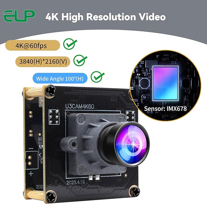 ELP High Speed 4K 60FPS USB Camera Module for Computer Mini UVC 2160P USB3.0/2.0 Lightburn Cameras for Windows Linux Mac Pi Wide Angle 100°(H) IMX678 Webcam Board for PC Laptop Jetson Nano