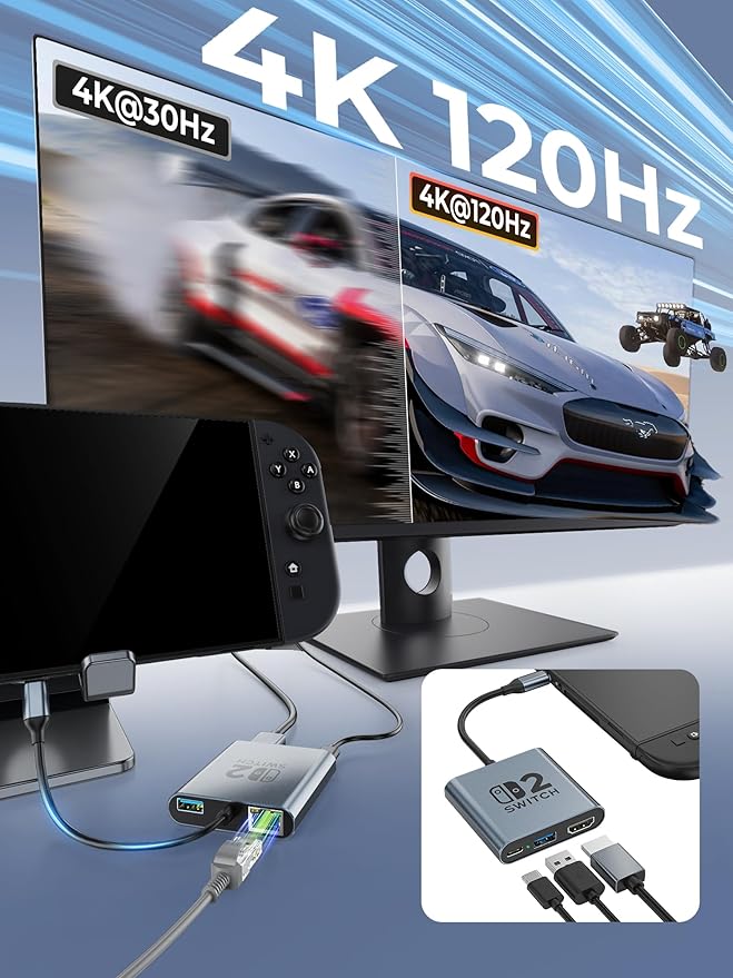 Switch 2 Portable USB-C Dock (with Ethernet Port) Supporting 4K@120Hz/PD 100W/USB Ports Includes 20V/3A Power Adapter and HDMI Cable Compatible with Switch/Steam Deck/ROG Xbox Ally X/Legion Go 1/2