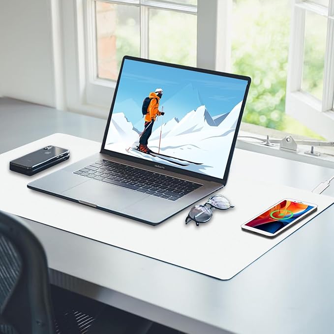 Desk Mat with Wireless Charging White Mouse Pad with Wireless Charger Desk Pad Matt for Desktop Mousepad Gaming Large Mouse Pad Leather Compute for Keyboard and Mouse 32 x 16