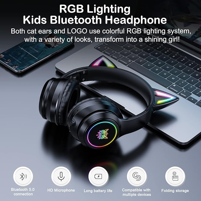 Bluetooth Cat Ear Headphones for Kids &amp Adults Wireless &amp Wired Mode Foldable Headset with Mic - Clear Sound Quality - RGB LED Light for Girls School Gaming for Phone/Laptop/PC/Tablet Blac