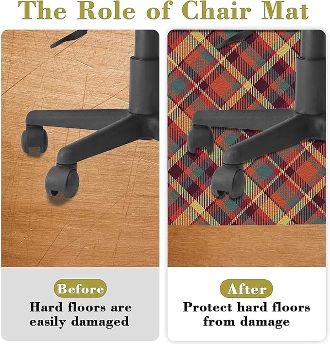 Multicolor PU Leather Desk Chair Mat for Hard Floors Geometrical Crossed Stripes Plaid Computer Gaming Rolling Chair Mat Under Desk Low-Pile Rug Checkered Diameter 47.2 in