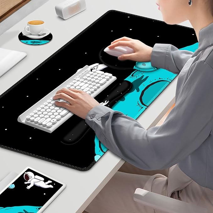 Gaming Mouse Pad Large Desk Mat Cute Desk Pad Protector 4in1 XXL Mousepad + Keyboard Wrist Rest+Mouse Wrist Rest+Coaster Set with Ergonomic Desk Pad for Home Office PC Computer Cool Space Alien