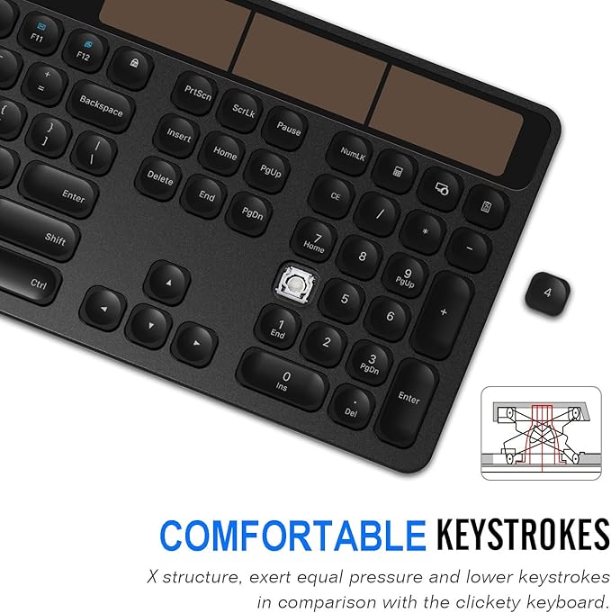 Arteck Wireless Solar Keyboard Full Size Solar Recharging Keyboard for Computer/Desktop/PC/Laptop/Surface/Smart TV and Windows 10/8 / 7 / Vista/XP Built in Rechargeable Battery