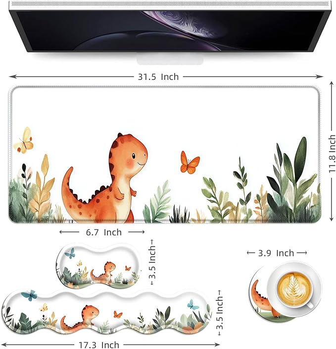 Keyboard Mouse Pad Set Extended Gaming Mouse Pad+Ergonomics Keyboard Wrist Rest Support Memory Foam Easy Typing Pain Relief 4Pcs XL Ultra Thick Desk MatCute Dinosaur Butterfly