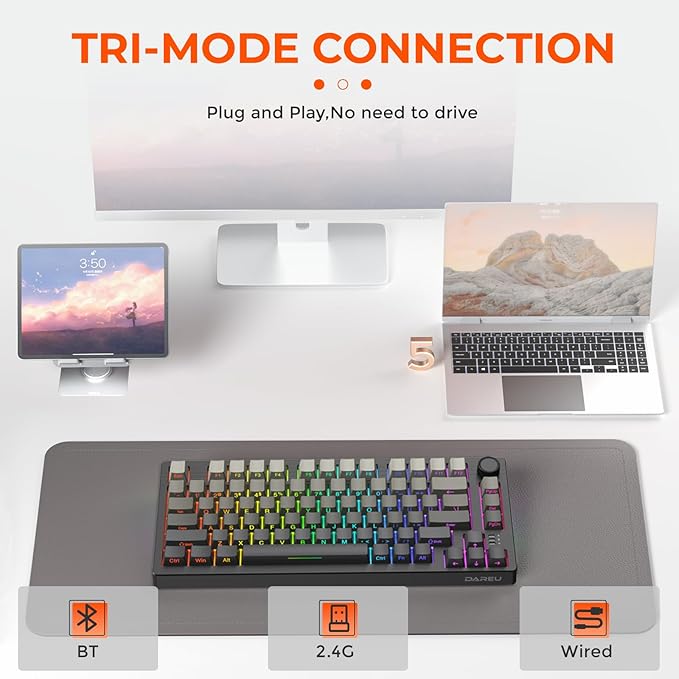 DAREU EK75PRO Wireless Gaming Keyboard75% RGB Hot-Swappable Creamy Mechanical Keyboard with Knob2.4Ghz/BT5.1/USB-C Connectivity Gasket MountSide Printed PBT Keycaps Linear Switch for Win/MAC