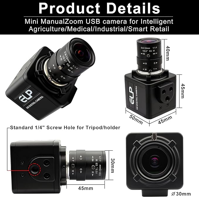USB Camera - 8MP Security Webcam 4X Optical Manual Zoom Camera 2.8-12mm Adjustable Lens Plug &amp Play for PC Laptop Compatible with Raspberry Pi Windows Mac Linux