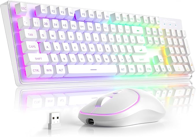 MageGee V550 Wireless Gaming Keyboard and Mouse 2.4G Full-Sized RGB LED Computer Keyboards with Transparent Shell Rechargeable Quiet Cordless Mouse &amp Keyboard Combo for Laptop/PC/Desktop (White)
