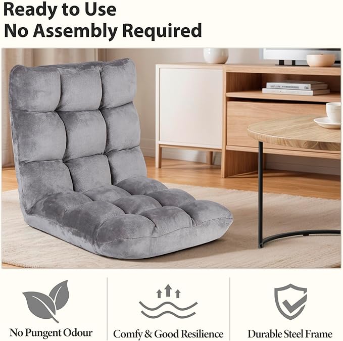 Nouva Adjustable Floor Chair 14-Position Sofa Bed Foldable Cushion Video Gaming Chairs Bean Bag Chair Reading Seating for Adults Kids Teens for Bedroom Living Room Indoor UseGrey