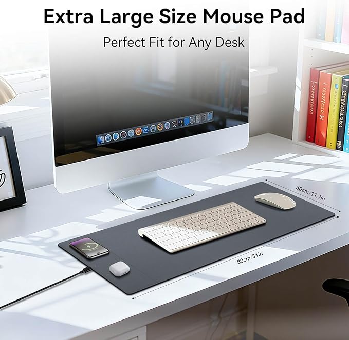 Wireless Charging Mouse Pad 15W Fast Charge Magnetic Charger Desk Pad Large Office Desk Mat (31x11.7) with Ultra-Smooth Surface Gray Computer Mousepad for MacBook PC Laptop
