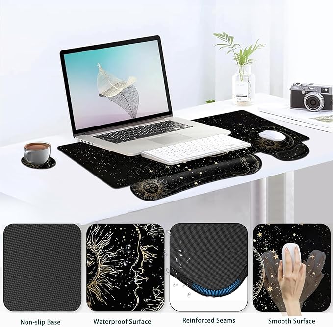 Large Mouse Pad Ergonomic Mouse Pad with Wrist Rest and Keyboard Wrist Rest 4 in 1 Set 31.5 x11.8 inch Extended Desk Pad for Home Office Funy Sun Moon Star Black Pattern XXL Black Gaming Mouse Mat