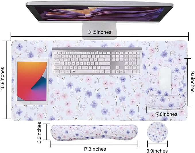 MEGREZ 4-in-1 Ergonomic Memory Foam Wrist Rest Set Desk Pad Mouse Pad with Wrist Rest Keyboard Pad Suitable for Office Workers Programmers &amp Gamers–Relieve Typing &amp Gaming Fatigue White
