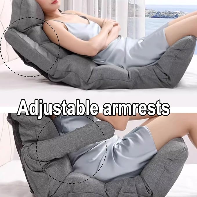 Gaming Chair Floor Cheap Iron Frame Support and Linen Fabric Fold Out Chair Bed Can Bear About 100KG Multiple Parts Can Be Adjusted with Armrests and Pillow(Gray)