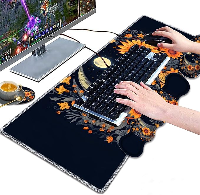 Large Gaming Mouse Pad Keyboard Wrist Rest Pad + Mouse Wrist Pad + Coaster 4 in 1 Set Extended Waterproof Non-Slip Desk Mat Suitable for Office Home Learning Games Sunflower Moon