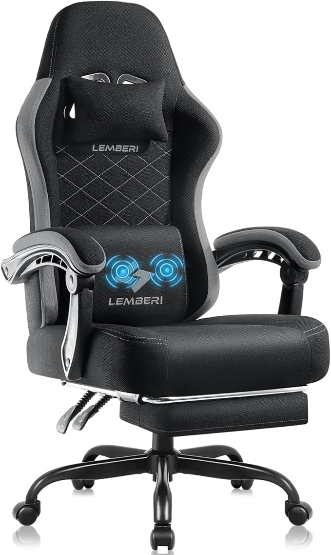 LEMBERI Gaming Chair Fabric Big and Tall Video Game Chairs for Adults with FootrestRacing Style Ergonomic Computer Gamer Chair with Headrest and Lumbar Support (Gray)
