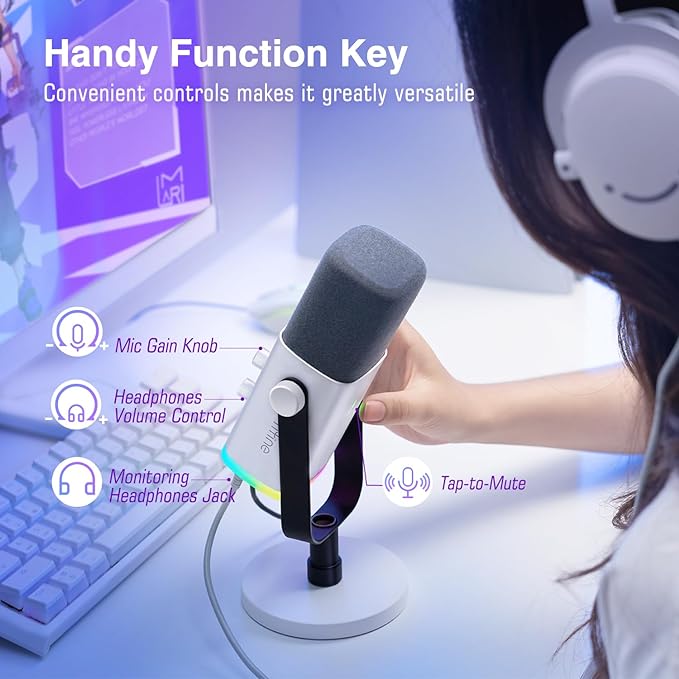 FIFINE Streaming Mic with XLR Cable and Low Profile Arm Set XLR Dynamic Micophone with Tap-to-Mute RGB Light 9.8ft Balanced CableAdjustable Boom Arm Kit for Streaming-AM8W+BM88W+L9W