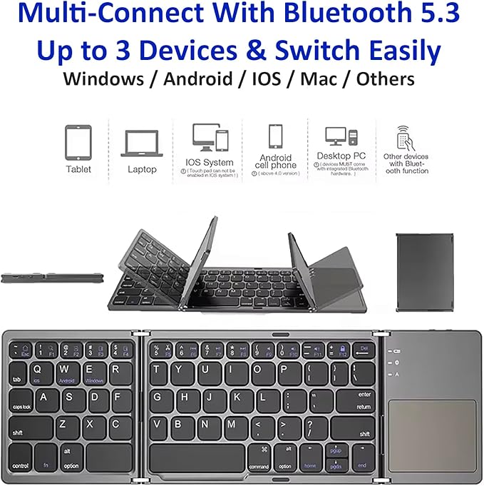 Slim Foldable Wireless Keyboard Compatible with Sony Xperia Z1 Compact with TOUCHPAD Mouse Fully Universal Providing 48H Use 560 Days Standby Portable Compact Tri-Fold Rechargeable!