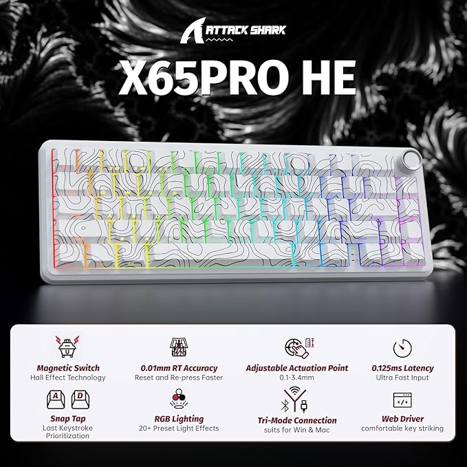 ATTACK SHARK X65PRO HE Rapid Trigger Wireless Gaming Keyboard 0.01mm RT Accuracy 8KHz Polling Rate Wired Keyboard with Magnetic Switch Tri-Mode Adjustable Actuation RGB Lighting for PC/Mac/Gamer