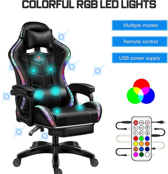 Gaming Chair with Bluetooth Speakers Video Game Chairs for Teens Full Massage Computer Chair Ergonomic Racing Office Chair PU Leather Recliner Swivel Desk Chair with FootrestPink