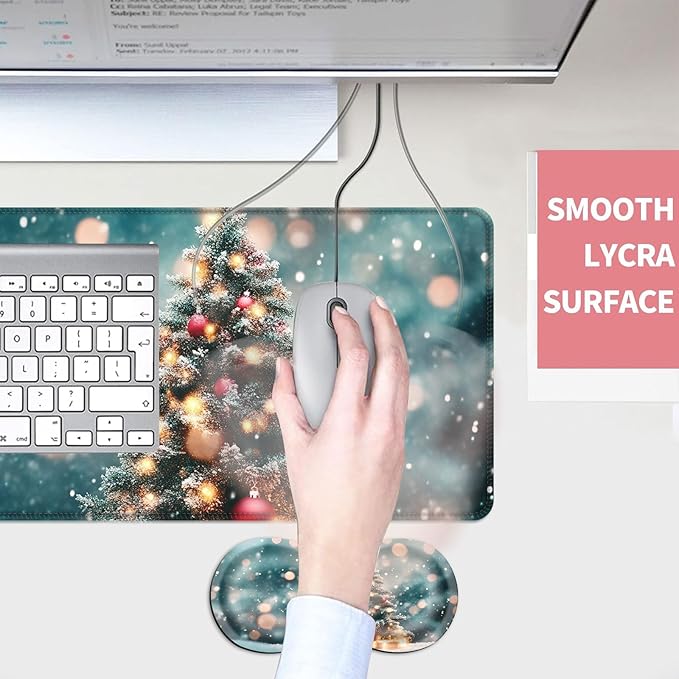 Mouse PadLarge Desk Mat Set 4in1 XL Mousepad + Keyboard Wrist Rest+Mouse Wrist Rest+Coaster with Ergonomic Desk Pad for Home Office Table Computer Cover -Snowy Christmas Tree with Lights