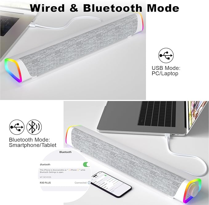 SOULION R30 Plus Bluetooth Computer Speakers All-in-One Control Button with 6 Modes LED Lights PC Speaker Wired USB Powered Surround Soundbar for Desktop Monitor Laptop White