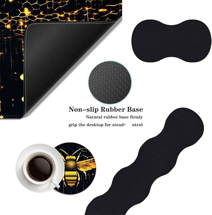 Mouse PadLarge Desk Mat Set 4in1 XL Mousepad + Keyboard Wrist Rest+Mouse Wrist Rest+Coaster with Ergonomic Desk Pad for Home Office Table Computer Cover -Glowing Bee and Honeycomb