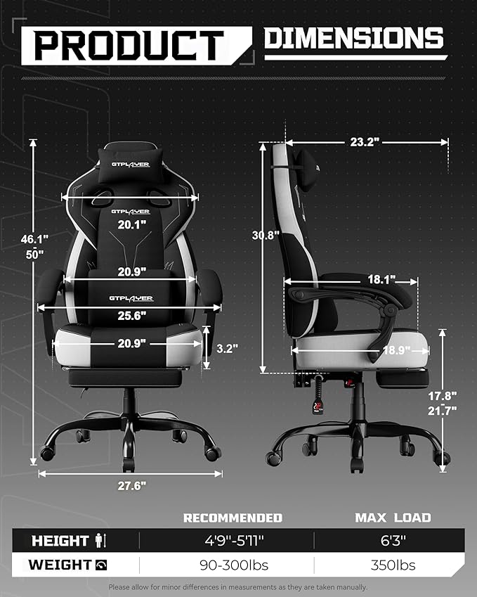 GTPLAYER Gaming Chair Computer Chair with Footrest and Lumbar Support for Adults 360°-Swivel Big &amp Tall Reclining Seat for Office or Gaming (Black)