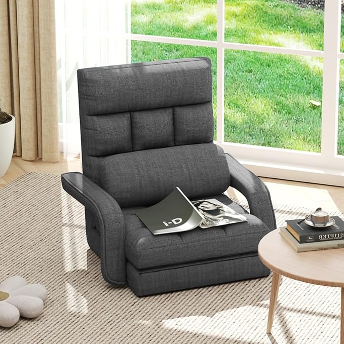 Floor Gaming Chair 6 Position Adjustable Indoor Chaise Lounge Chair for Teens Adults Padded Folding Meditation Sofa Chair with Armrests and Pillow Comfy Chair for Teens Adults Pets - Black