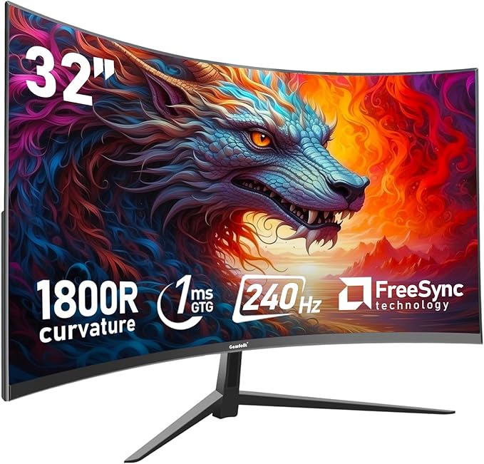 Gawfolk Curved 32 inch Gaming Monitor 240Hz PC Screen Full HD 1080P Frameless 1800R Curved Computer ScreenFreeSync178° Viewing AngleDisplay Port、HDMI 2.0Wall Mount Compatible 100x100MM-Black