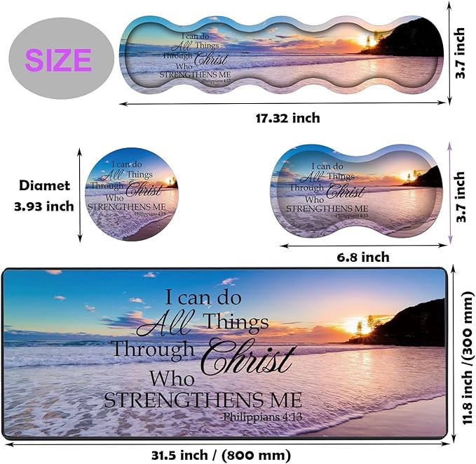 Large Gaming Mouse Pad Keyboard Wrist Rest pad + Mouse Wrist pad + Coaster Set Extended Waterproof Non-Slip Table mat Suitable for Home Office Learning Games - Philippians 4-13