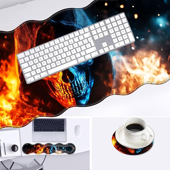 Large Mouse Pad and Keyboard Wrist Rest Desk Pad for Keyboard and Mouse 4-in-1 Large Gaming Mouse Pad with Wrist Support Desk Mat for Home Office Study Game-Flaming Skull