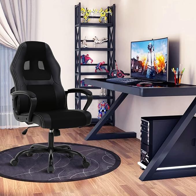 Executive PC Gaming Chair with Lumbar Support &amp Headrest - Ergonomic Leather Racer Task Chair for Home Office Gaming Room - Heavy Duty &amp Comfortable (Black)