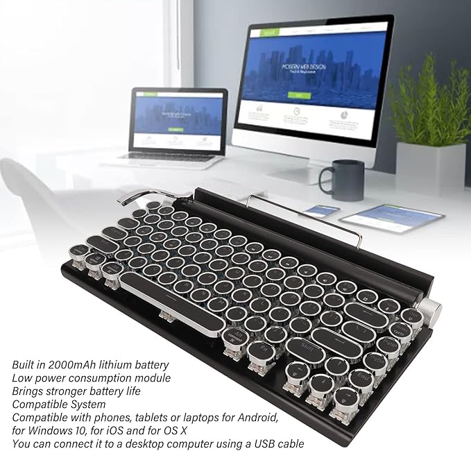 Sanpyl Retro Typewriter Keyboard 83 Keys Vintage Bluetooth Mechanical Keyboard with LED Backlit Blue Gaming Keyboards for Desktop PC Laptop (Black)