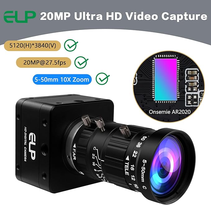 ELP Ultra HD 20MP Varifocal USB 3.0 Camera for Computer Manual Zoom 3840P USB3.0/2.0 Lightburn Cameras for Windows Linux Mac Pi 5-50mm 10X Variable Focus AR2020 High Speed 4K 30FPS Webcam for PC