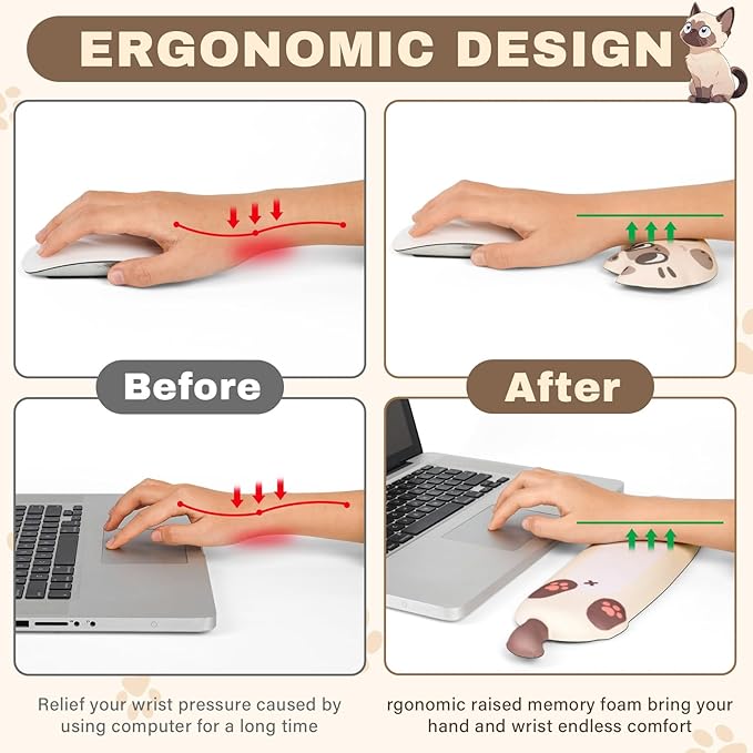 Keyboard Wrist Rest and Mouse Pad Set Wrist Rest for Keyboard and MouseWrist Support for KeyboardNon-Slip Base Memory Foam Wrist Pad for Gaming Home OfficePain Relief(Cute CatOff-White)