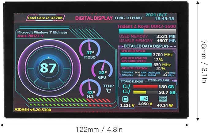 Sanpyl 5 Inch Computer Temp Monitor Display USB Mini Secondary Screen PC Sensor Panel CPU GPU Data Temperature Monitor for PC Computer Case