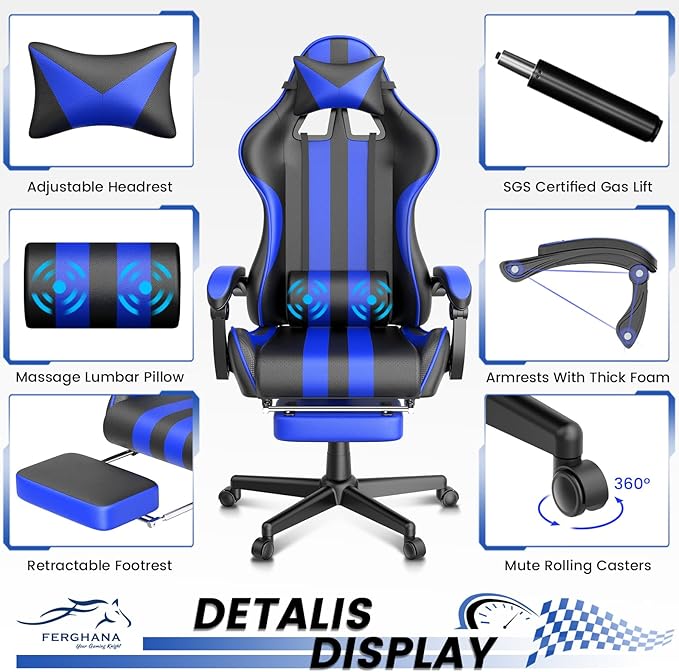 Ferghana Blue Gaming Chairs with Footrest PC Gaming Chairs for Adults Teens Racing Style Luxurious Comfort Waterproof PU Leather