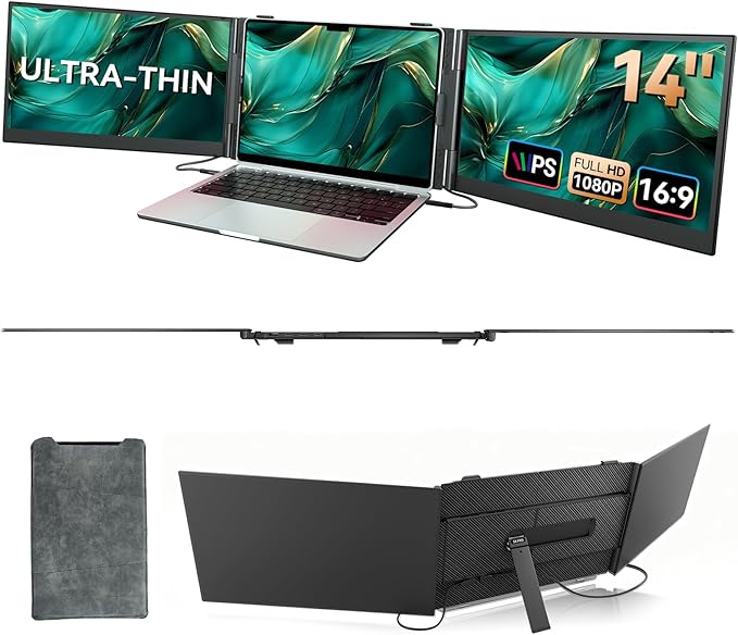 14 Triple Laptop Screen Extender Ultra-Thin Lightweight FHD 1080P IPS Laptop Monitor Extender Portable Extended Screen for Laptops 13-17.3 Compatible with Wins Mac Chrome Dex Phone Travel Work