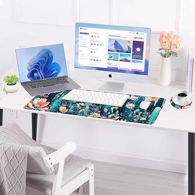 Large Keyboard Mouse Pad Set Extended Mouse Pad+Keyboard Wrist Rest Support Memory Foam Ergonomic Easy Typing 4Pcs (31.5×11.8 in) Desk Pad Set for Office HomeCute Cactus Blooming Flowers