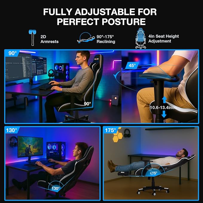 Douxlife 7-Point Massage Gaming Chair with Footrest 400lbs Heavy Duty Ergonomic Computer Chair 175° Reclining High Back Racing Seat for Adults with Adjustable Armrests &amp Lumbar Support White