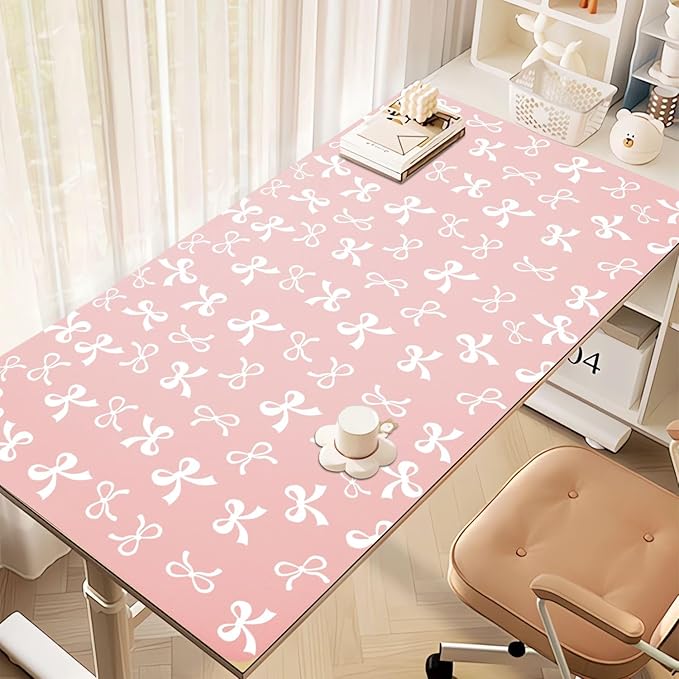 Cute Pink Bow Office Desk Mat 23.6''X11.8''Aesthetic Bowknot Desktop Mat Pu Leather Large Mouse Pad Trendy Kawaii Mousepad Non-Slip Table Mat for Girls Women Home Work Computer Game