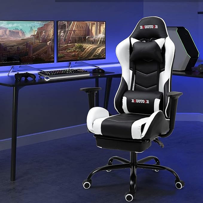 Massage Gaming Chair w/Footrest Video Racing Chair PC High Back Desk Computer Chair PU Leather Recliner w/Headrest and Lumbar Pillow White