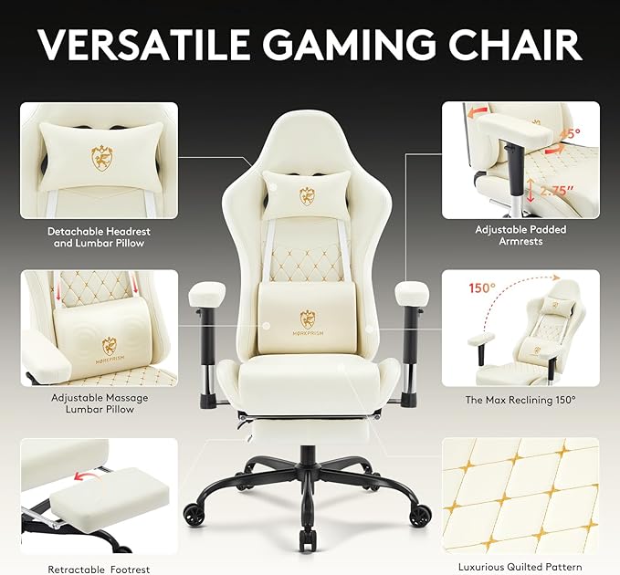 Gaming ChairComputer Office Chair with FootrestMassage Lumbar Support and Gel PadErgonomic Reclining Leather Gamer Chair with HeadrestAdjustable Armrests and Spring Cushion Ivory
