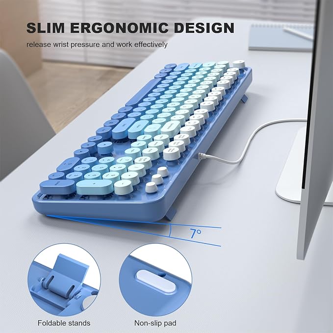 Computer Keyboard Wired Plug and Play USB Retro Round Typewriter Keyboard Full Size Wired Keyboard with Foldable Stands for Laptop and Office PC- Blue Gradient